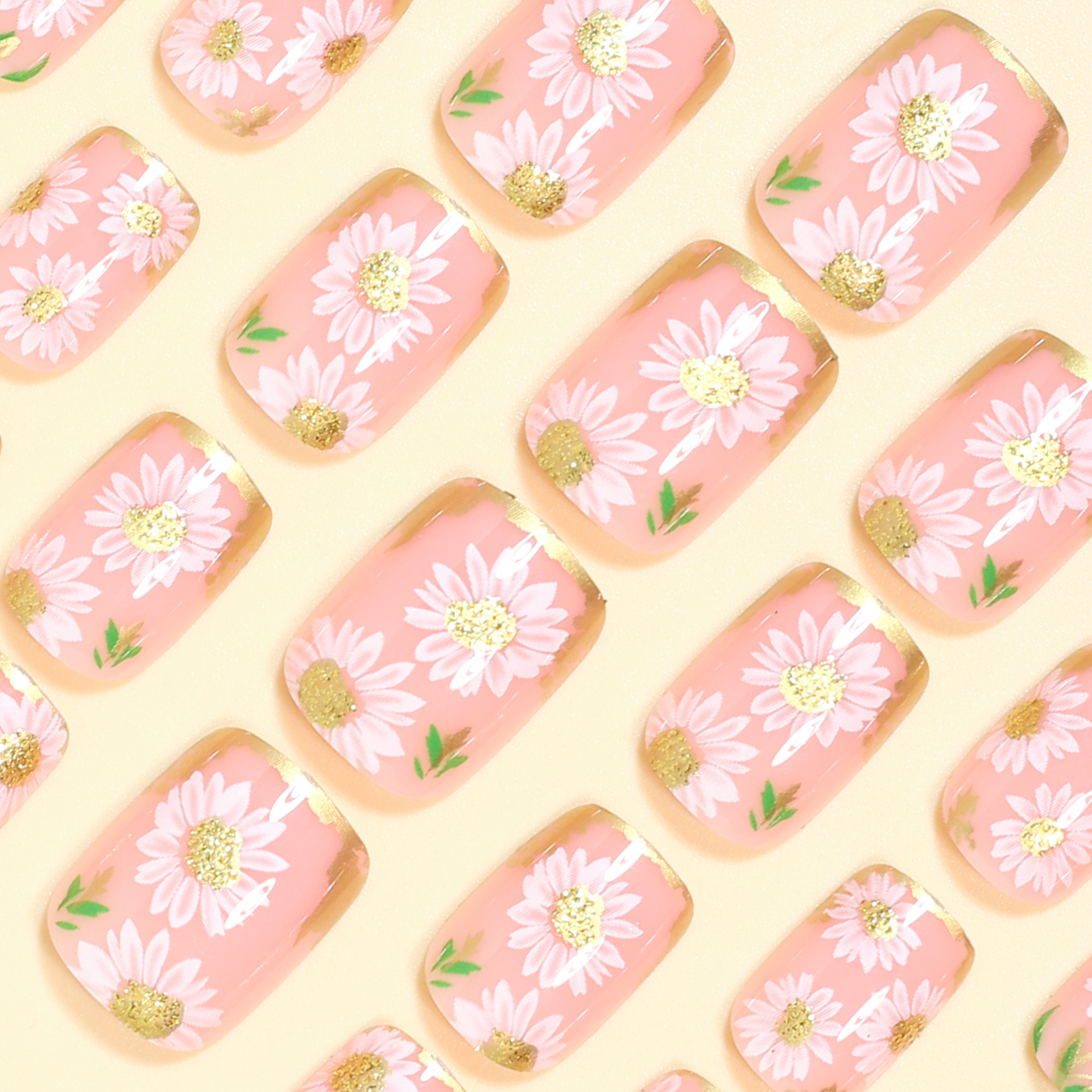 Short Square fake nails golden - đánh giá và giá Pressed Flower Art